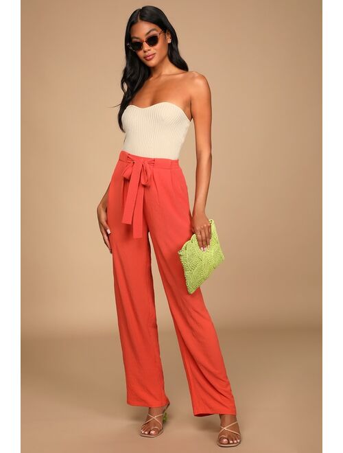 Lulus Sunny Approach Coral Tie-Front Wide-Leg Pants