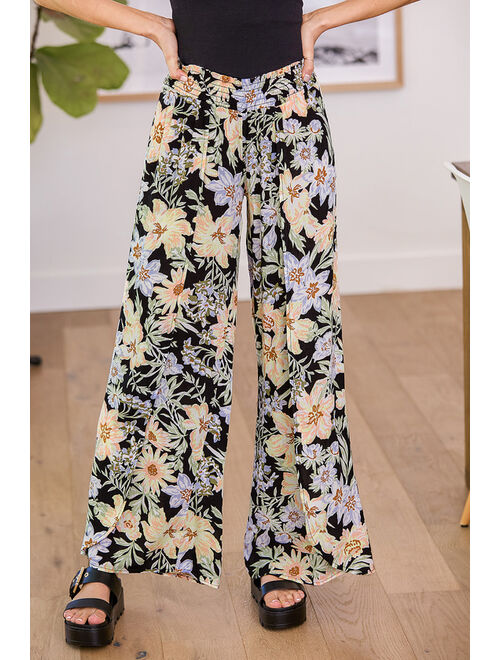 Billabong Wandering Soul Black Floral Print Wide-Leg Pants