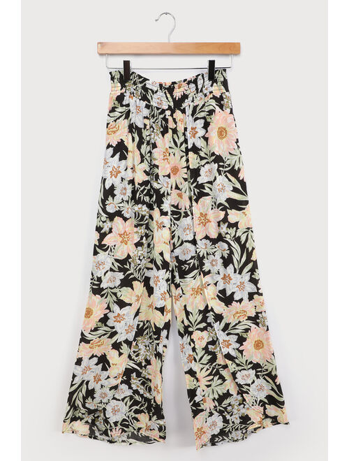 Billabong Wandering Soul Black Floral Print Wide-Leg Pants