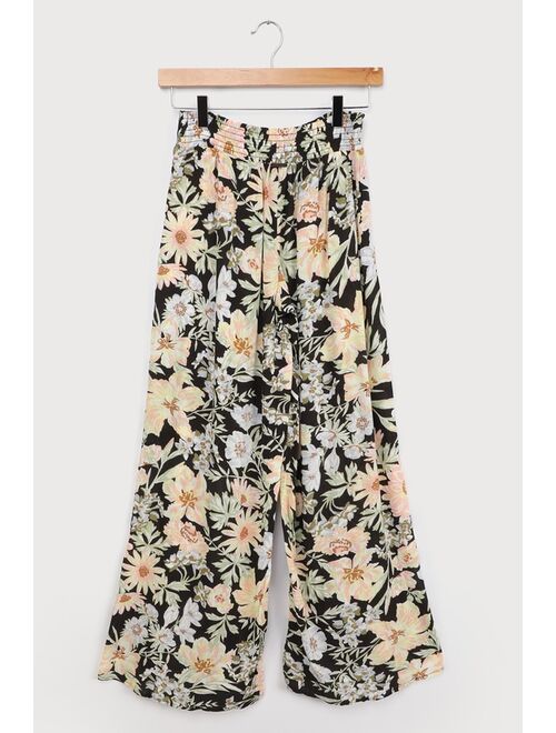 Billabong Wandering Soul Black Floral Print Wide-Leg Pants