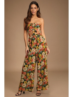 Spring Garden Red Strapless Wide-Leg Jumpsuit