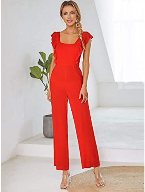 Lanmino Dresses Tied Backless Ruffle Trim Wide Leg Jumpsuit (Color : Red, Size : S)