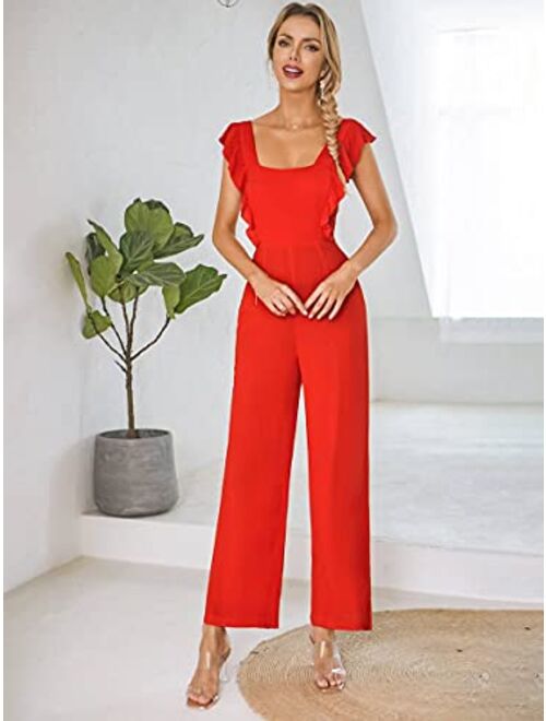 Lanmino Dresses Tied Backless Ruffle Trim Wide Leg Jumpsuit (Color : Red, Size : S)