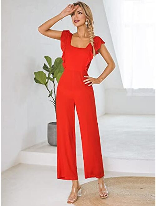 Lanmino Dresses Tied Backless Ruffle Trim Wide Leg Jumpsuit (Color : Red, Size : S)