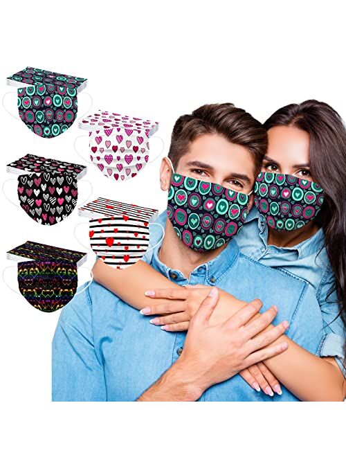 Fayshow0 Valentine's Day Disposable Face_Masks for Adults Sweet Heart Face_Masks with Design Cute 3 Ply Face Protection for Women Men