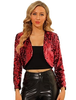 Women's Sequin Jacket Long Sleeve Open Front Cropped Cardigan Bolero Shrug