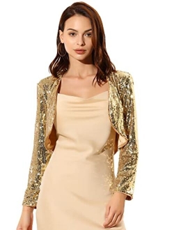 Women's Sequin Jacket Long Sleeve Open Front Cropped Cardigan Bolero Shrug