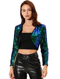 Women's Sequin Jacket Long Sleeve Open Front Cropped Cardigan Bolero Shrug