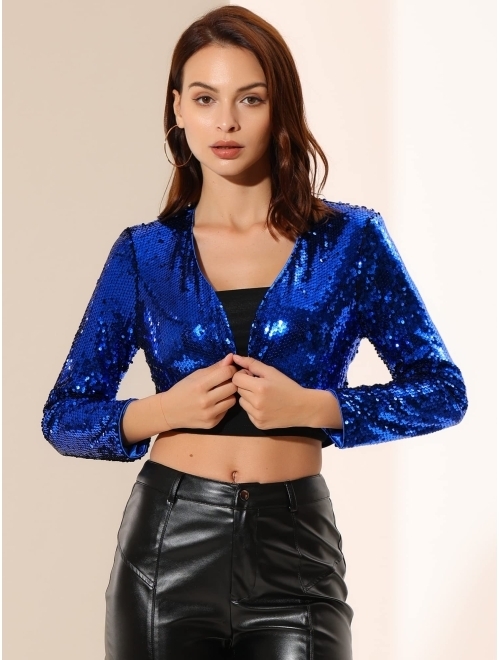 Allegra K Women's Sequin Jacket Long Sleeve Open Front Cropped Cardigan Bolero Shrug