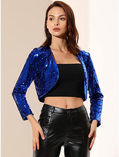 Allegra K Women's Sequin Jacket Long Sleeve Open Front Cropped Cardigan Bolero Shrug