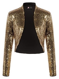 KANCY KOLE Women's Sequin Shrug Long Sleeve Open Front Cropped Bolero Jackets S-XXL