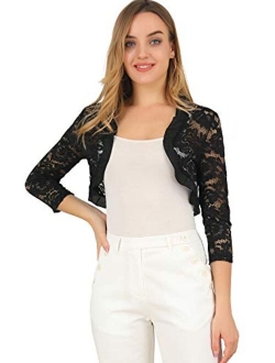 Women's Valentine's Day Elegant Ruffle Collar Crop Cardigan Sheer Floral Lace Shrug Top