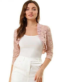 Women's Valentine's Day Elegant Ruffle Collar Crop Cardigan Sheer Floral Lace Shrug Top