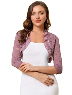 Women's Valentine's Day Elegant Ruffle Collar Crop Cardigan Sheer Floral Lace Shrug Top