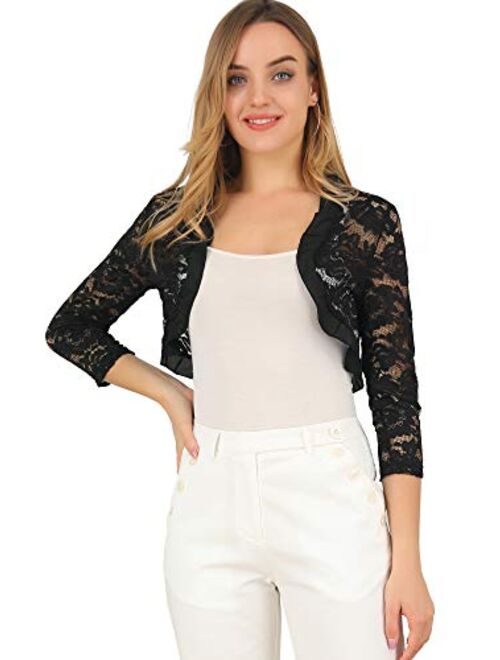 Allegra K Women's Valentine's Day Elegant Ruffle Collar Crop Cardigan Sheer Floral Lace Shrug Top