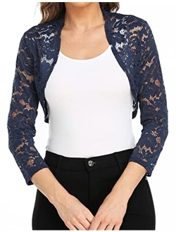 Dilgul Women's 3 4 Sleeve Shrugs Bolero Crochet Lace Open Cardigan Sheer Cover Up Jacket