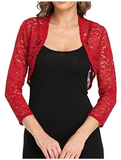 Dilgul Women's 3 4 Sleeve Shrugs Bolero Crochet Lace Open Cardigan Sheer Cover Up Jacket