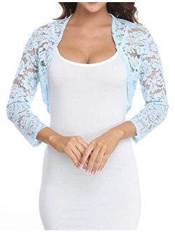 Dilgul Women's 3 4 Sleeve Shrugs Bolero Crochet Lace Open Cardigan Sheer Cover Up Jacket