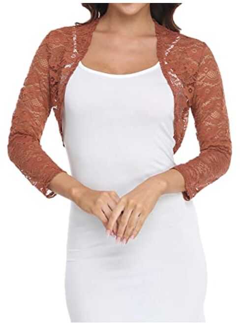 Dilgul Women's 3 4 Sleeve Shrugs Bolero Crochet Lace Open Cardigan Sheer Cover Up Jacket