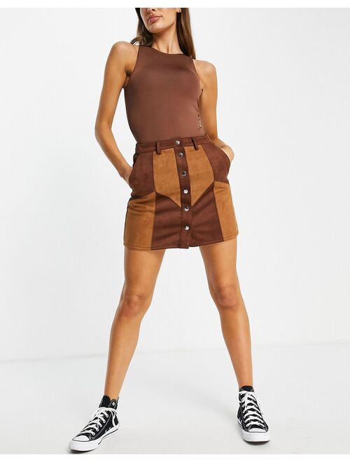 Miss Selfridge patchwork button through suedette skirt in chocolate