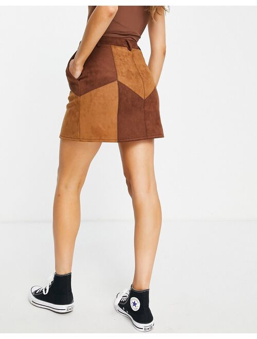 Miss Selfridge patchwork button through suedette skirt in chocolate