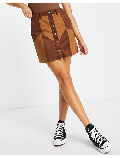 Miss Selfridge patchwork button through suedette skirt in chocolate