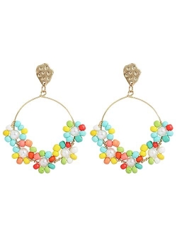 Dvacaman Fashion Cute DIY Handmade Beaded Statement Dangle Earrings for Women, Funny Elements for Multicolored Flower, Lightweight Heart, Water droplets and Green Leaf