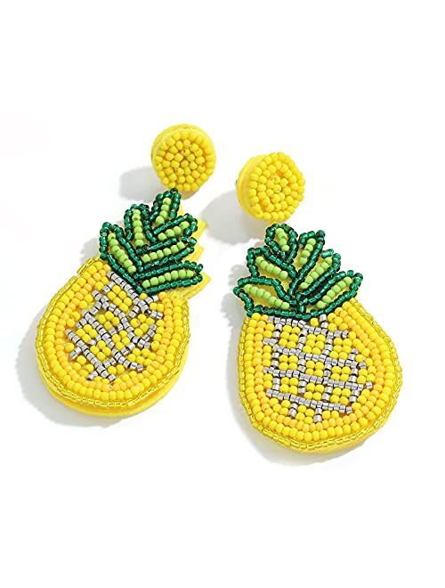 Dvacaman Fashion Cute DIY Handmade Beaded Statement Dangle Earrings for Women, Funny Elements for Multicolored Flower, Lightweight Heart, Water droplets and Green Leaf