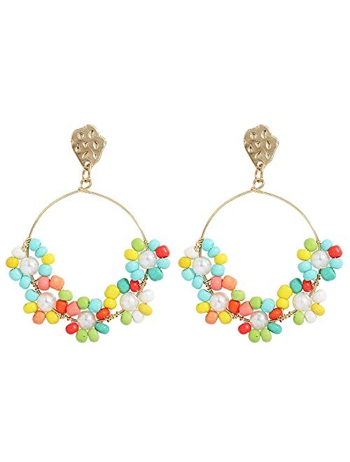 Dvacaman Fashion Cute DIY Handmade Beaded Statement Dangle Earrings for Women, Funny Elements for Multicolored Flower, Lightweight Heart, Water droplets and Green Leaf