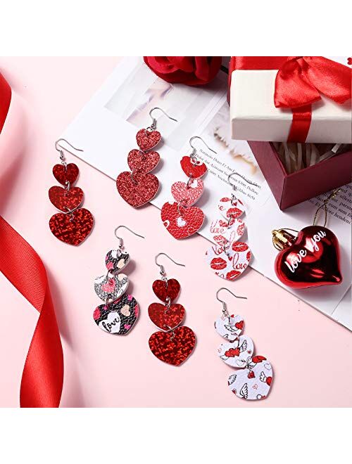 Yaomiao 12 Pairs Valentine's Day Leather Earrings Heart Earrings Lightweight Faux Leather Dangle Earring Heart-Shaped Print Drop Earrings for Women Girl