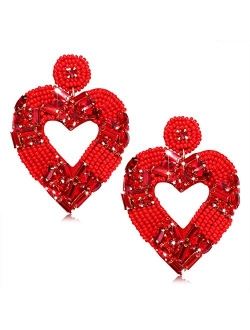 Aratlench Heart Earrings for Women Hypoallergenic Beaded Statement Dangle Earrings Boho Handmade Red Love Heart Bead Drop Dangling Earrings Valentine’s Day Earrings Jewel