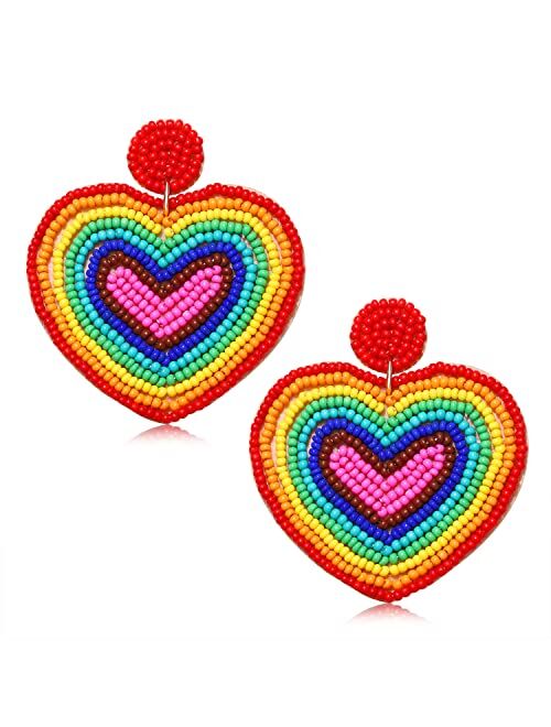 Aratlench Heart Earrings for Women Hypoallergenic Beaded Statement Dangle Earrings Boho Handmade Red Love Heart Bead Drop Dangling Earrings Valentine’s Day Earrings Jewel