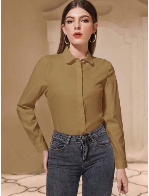 Shein Solid Button Front Solid Long Sleeve Shirt