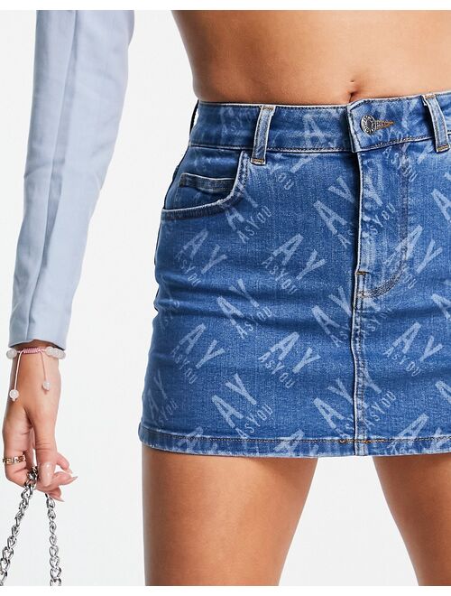 ASYOU classic mini denim skirt in monogram print