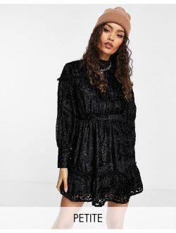 Petite tiered animal devore mini dress in black