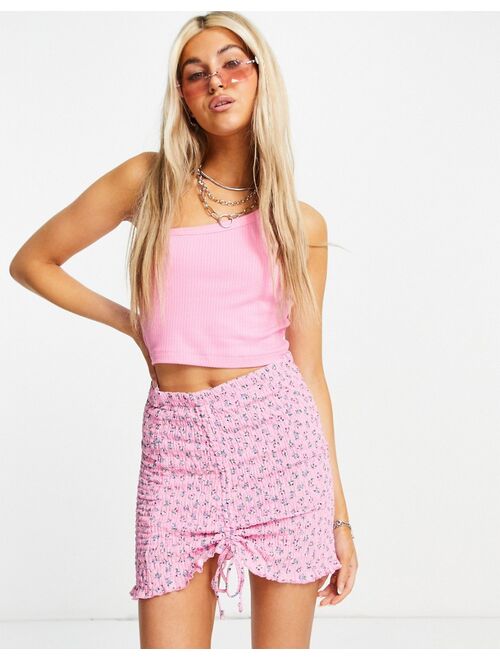 Bershka ditsy floral shirred detail skirt set in pink