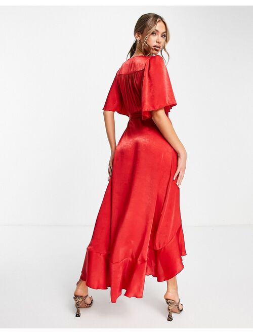 Flounce London Valentine flutter sleeve wrap front maxi dress in red satin