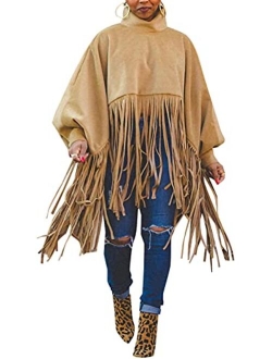 Famnbro Womens High Neck Long Sleeve Fringe Top Plus Size Tassel Poncho Oversized Sweatshirt