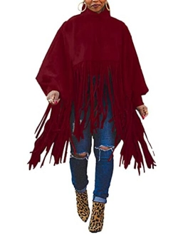 Famnbro Womens High Neck Long Sleeve Fringe Top Plus Size Tassel Poncho Oversized Sweatshirt