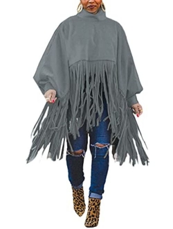 Famnbro Womens High Neck Long Sleeve Fringe Top Plus Size Tassel Poncho Oversized Sweatshirt