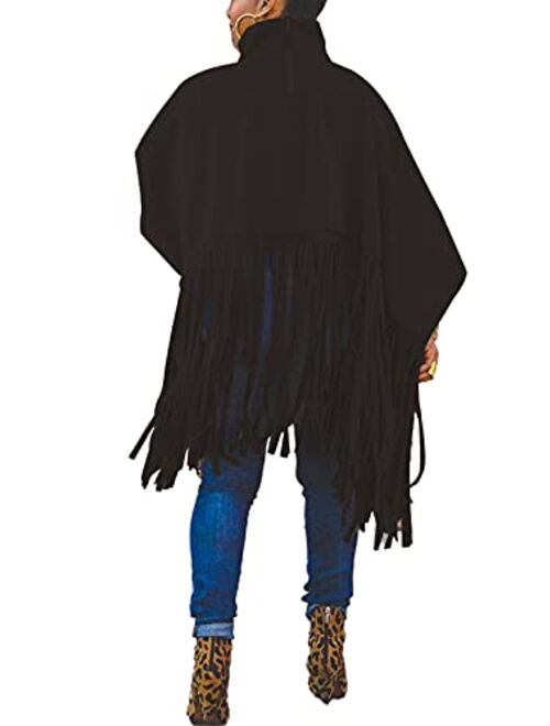 Famnbro Womens High Neck Long Sleeve Fringe Top Plus Size Tassel Poncho Oversized Sweatshirt