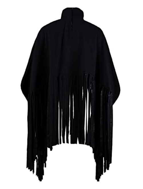 Famnbro Womens High Neck Long Sleeve Fringe Top Plus Size Tassel Poncho Oversized Sweatshirt