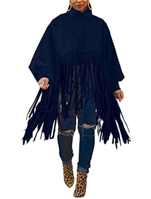 Famnbro Womens High Neck Long Sleeve Fringe Top Plus Size Tassel Poncho Oversized Sweatshirt