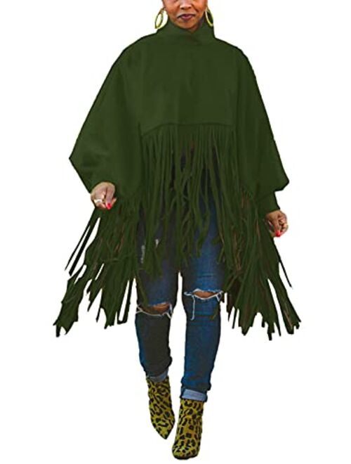 Famnbro Womens High Neck Long Sleeve Fringe Top Plus Size Tassel Poncho Oversized Sweatshirt