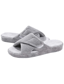 Shevalues Adjustable House Slippers for Women with Arch Support Open Toe Fuzzy Slide Sandals