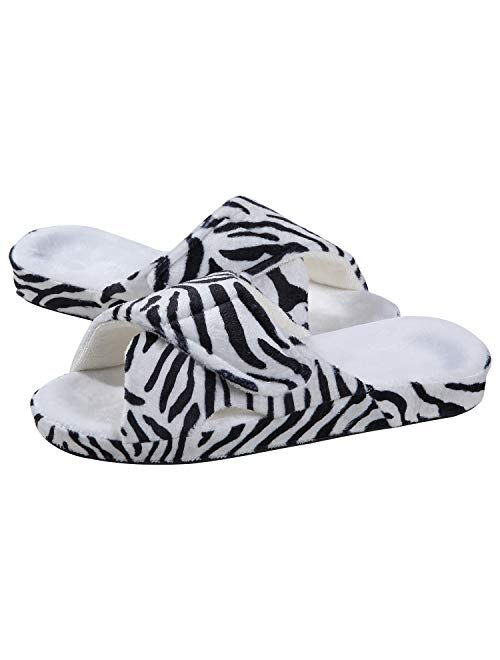 Shevalues Adjustable House Slippers for Women with Arch Support Open Toe Fuzzy Slide Sandals