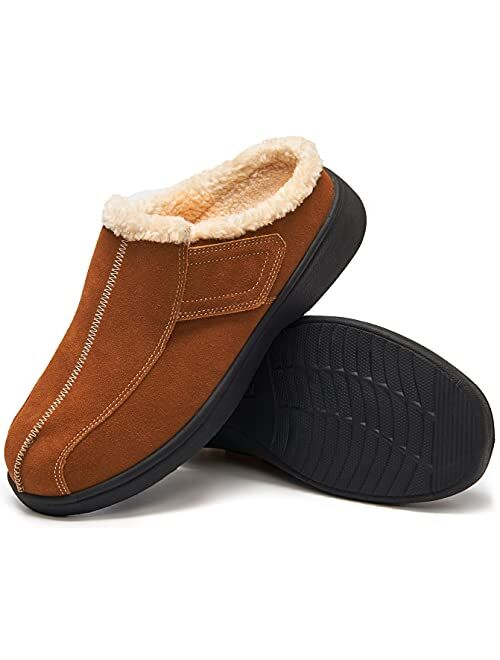 EVGLOW Men's Suede Leather House Slippers Arch Support Non Slip Christmas Gift(Size:US 8-US 14)