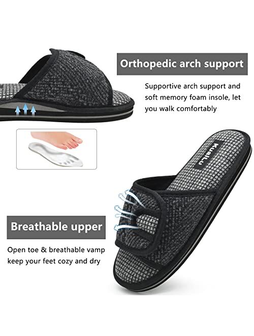 KuaiLu Slippers for Men with Comfort Arch Support Mens Adjustable Open Toe House Slippers Supportive Slip on Slides Non-skid Hard Rubber Sole Size 7~15