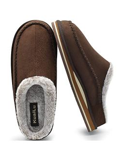 KuaiLu Mens Memory Foam Clog Slippers Comfy Handmade Stitch Microsuede Slip-on House Shoes With Arch Support Warm Faux Fur Lined Rubber Sole Indoor Outdoor