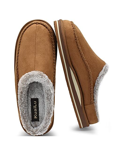 KuaiLu Mens Memory Foam Clog Slippers Comfy Handmade Stitch Microsuede Slip-on House Shoes With Arch Support Warm Faux Fur Lined Rubber Sole Indoor Outdoor